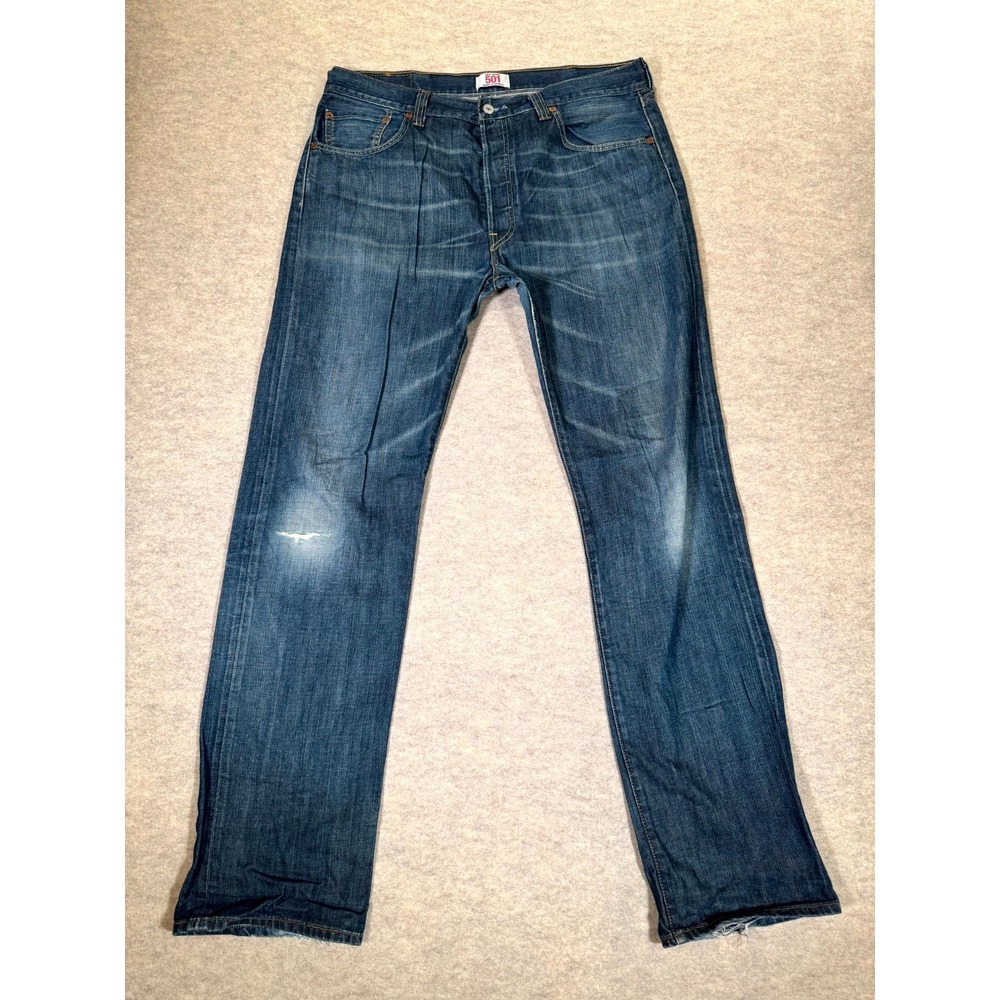 Levis 501 Original Fit Jeans Mens 38x36 Blue Whiskering Denim Cotton Medium Wash